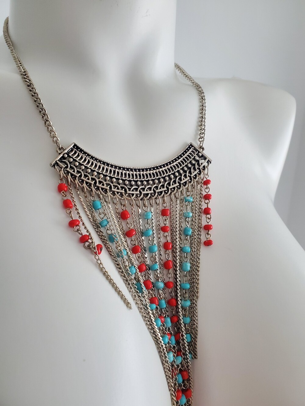 Bohemian Silver Fringe Necklace with Red and Turquoise Beads - 90s